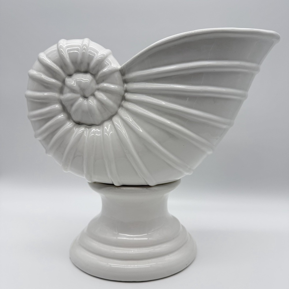 Vintage White Iridescent Ceramic Nautilus Seashell Footed Planter Vase
